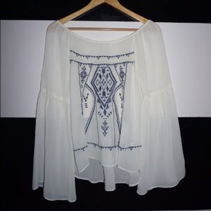 Cream Flowy Top with Blue Embroidery